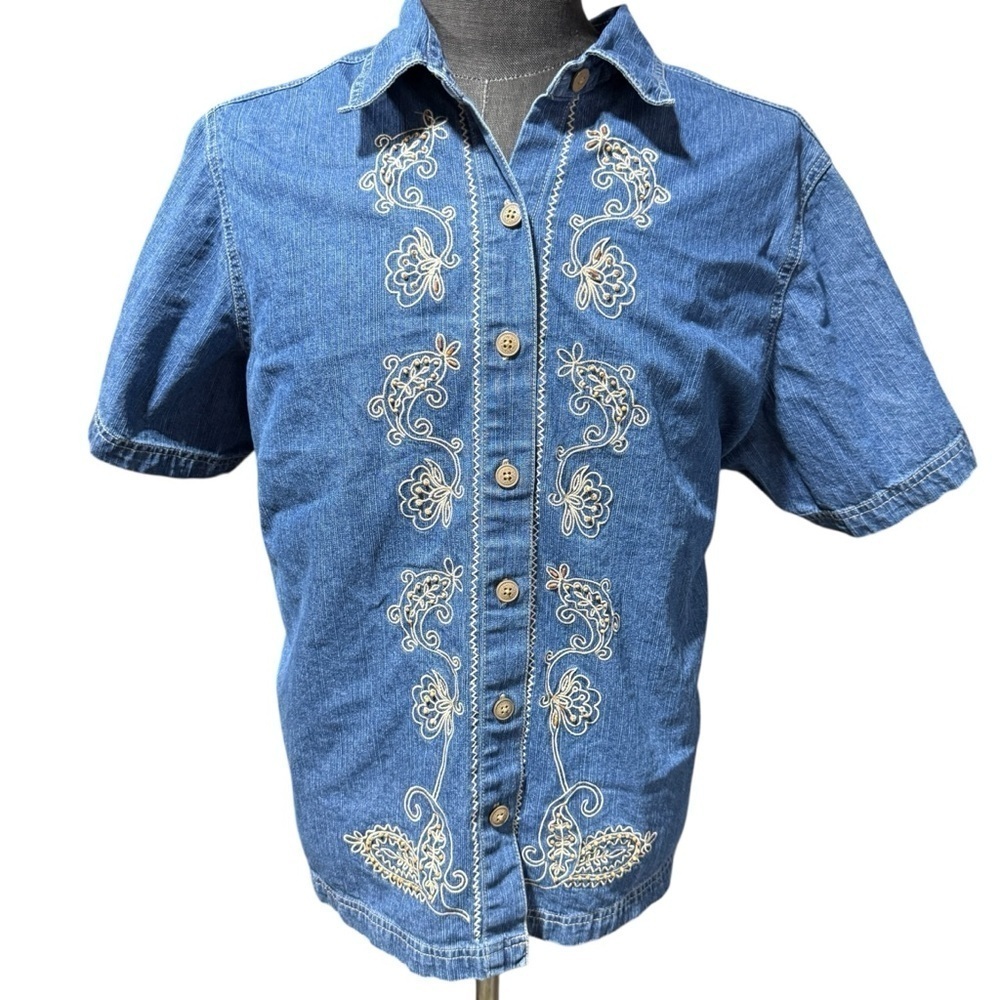 Erika Embroidered Beaded Denim Short Sleeve Shirt 2X Western Button Up Paisley